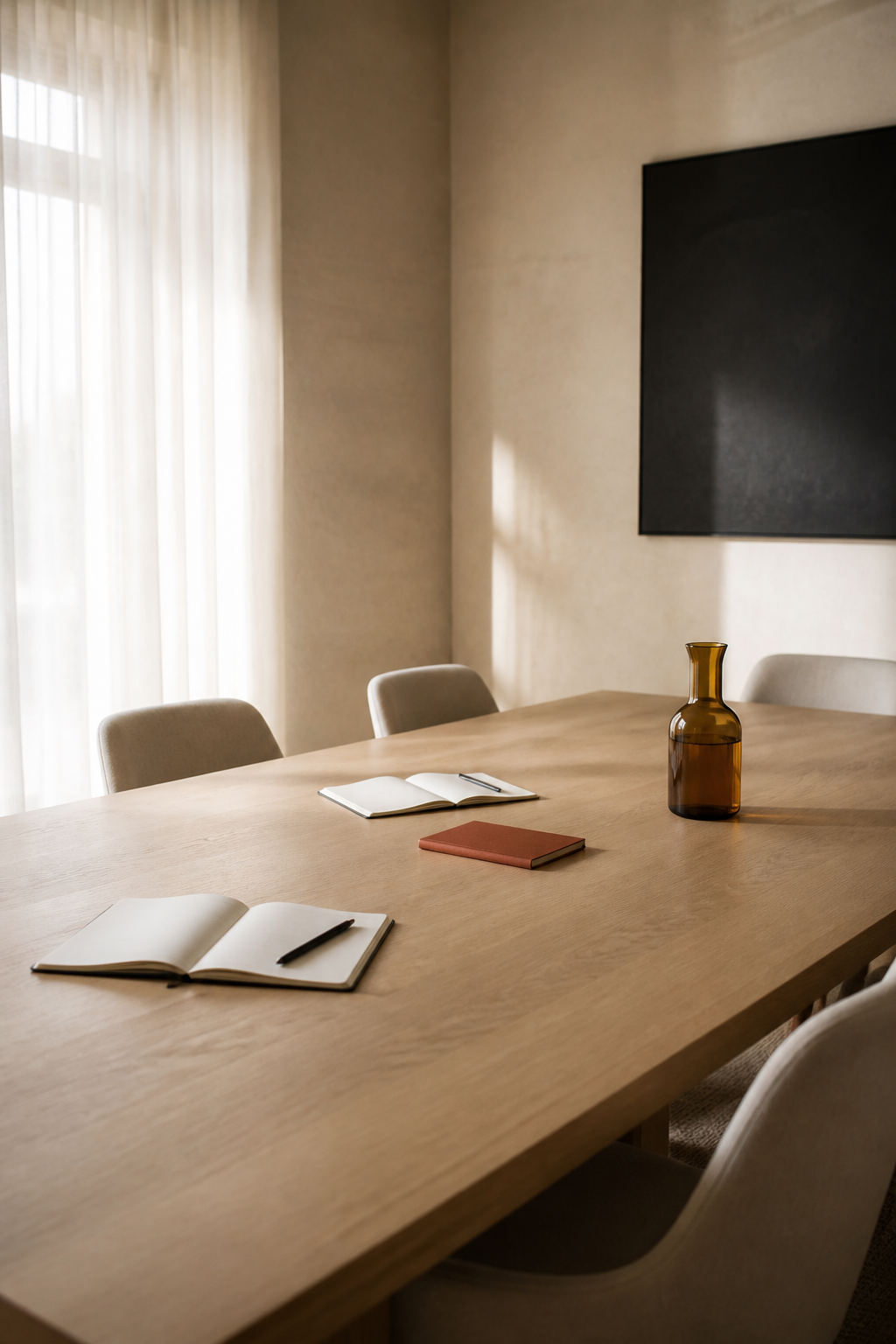 Salle de réunion, table en bois, carnets ouverts et carafe.